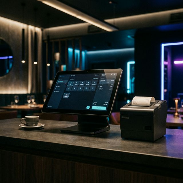 Moderne Kasse im Dark-Tech Stil